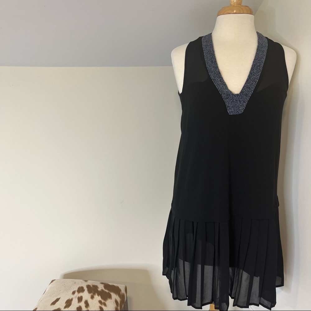 Eight Sixty Sheer Beaded Pleated Scooter Black dress